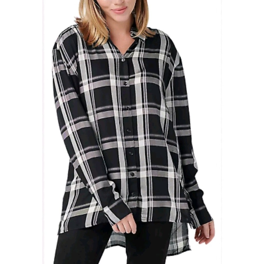 Black and White Plaid Oversized Button Down Long Sleeve Tunic Top - Picture 2 of 5
